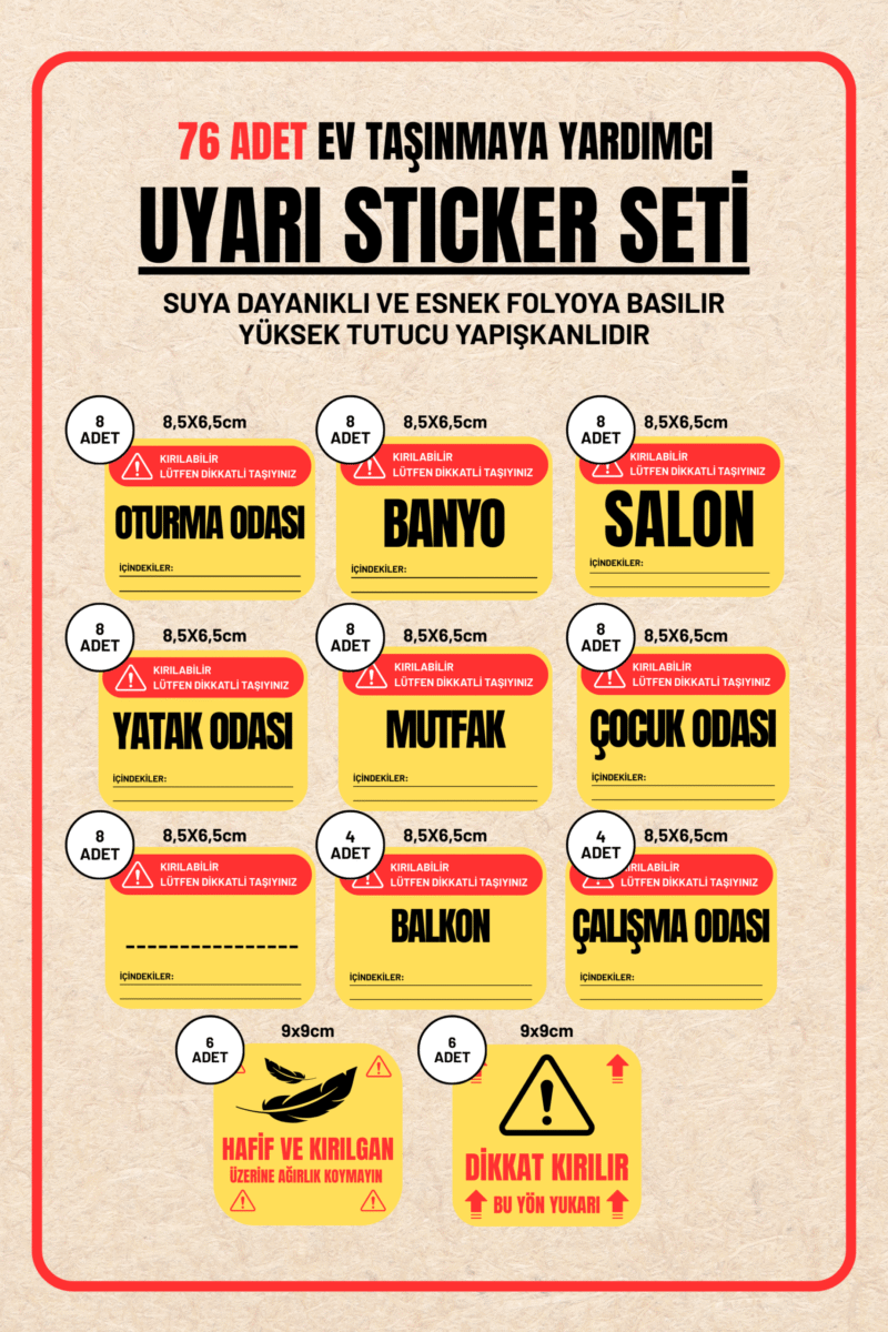 Taşınmaya Yardımcı Kutu Koli Düzenleme Sticker Seti 76 Adet