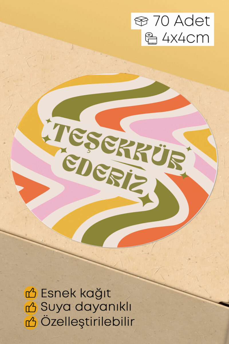 Teşekkür Mesajlı Paketleme Ambalaj Kargo Ürün Etiketi Yapışkanlı Sticker - 4x4cm 70 Adet