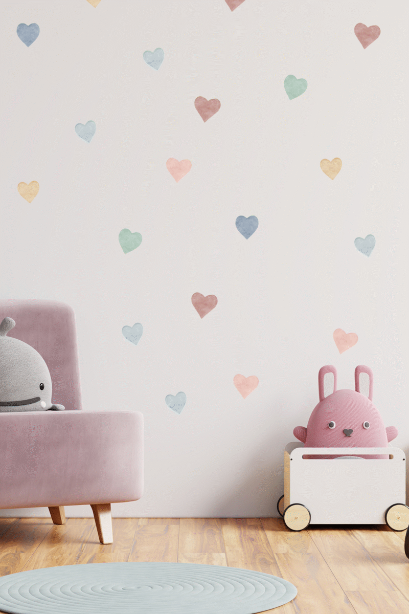 Alternative view of Boho Sulu Boya Kalpler Çocuk Bebek Odası Duvar Sticker Seti - 140 Parça Kalp Sticker Seti