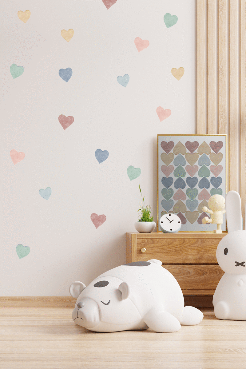 Boho Sulu Boya Kalpler Çocuk Bebek Odası Duvar Sticker Seti - 140 Parça Kalp Sticker Seti