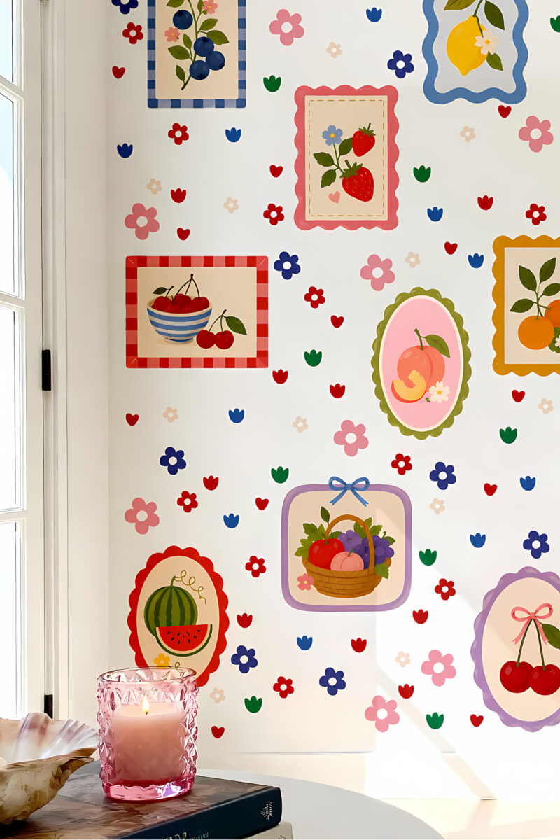 Renkli Meyve Sepeti Duvar Sticker Seti – 120 Parça, 9 Model, Çocuk Odası & Salon Dekorasyonu Yaz Temalı