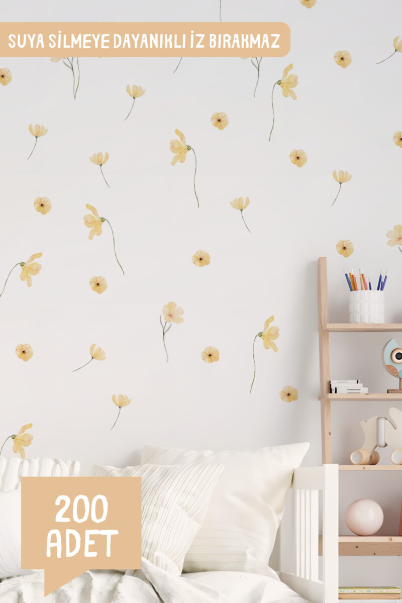 Sarı Bahar Çiçekleri Temalı Yapraklar Çiçek Çocuk Odası Duvar Sticker Seti 200 Adet