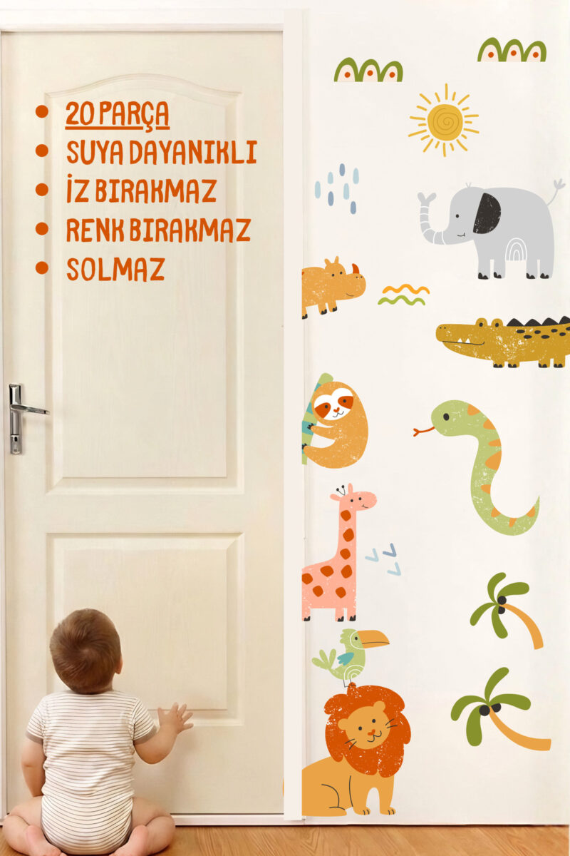 Hayvanlar Temalı Duvar Kapı Çocuk Odası Süsleme Etiketleri Sticker Suya Dayanıklı İz Bırakmaz
