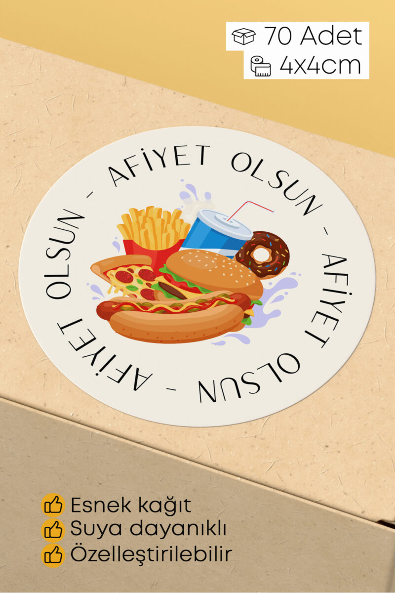 Afiyet Olsun Paketleme Ambalaj Kargo Ürün Etiketi Yapışkanlı Sticker - 4x4cm 70 Adet