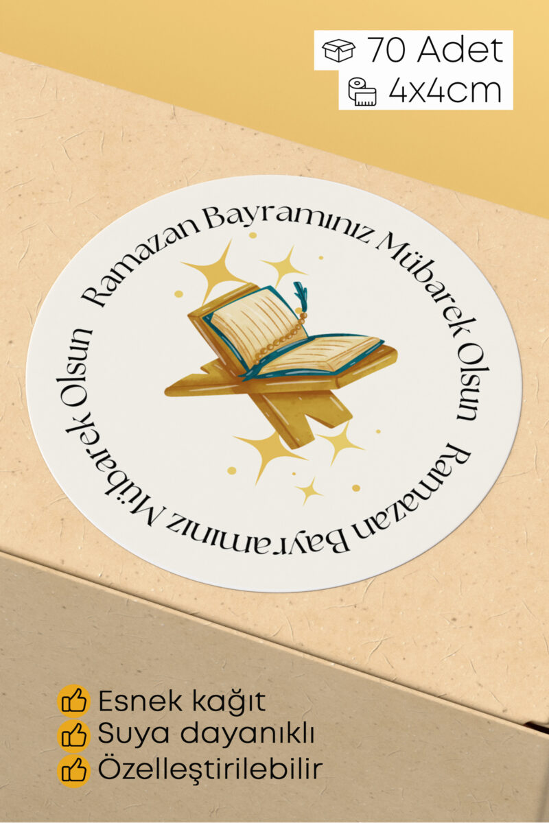 Ramazan Bayramı Temalı Paketleme Etiketi - 70 Adet 4x4cm Yuvarlak Su Geçirmez Ambalaj Stickerı