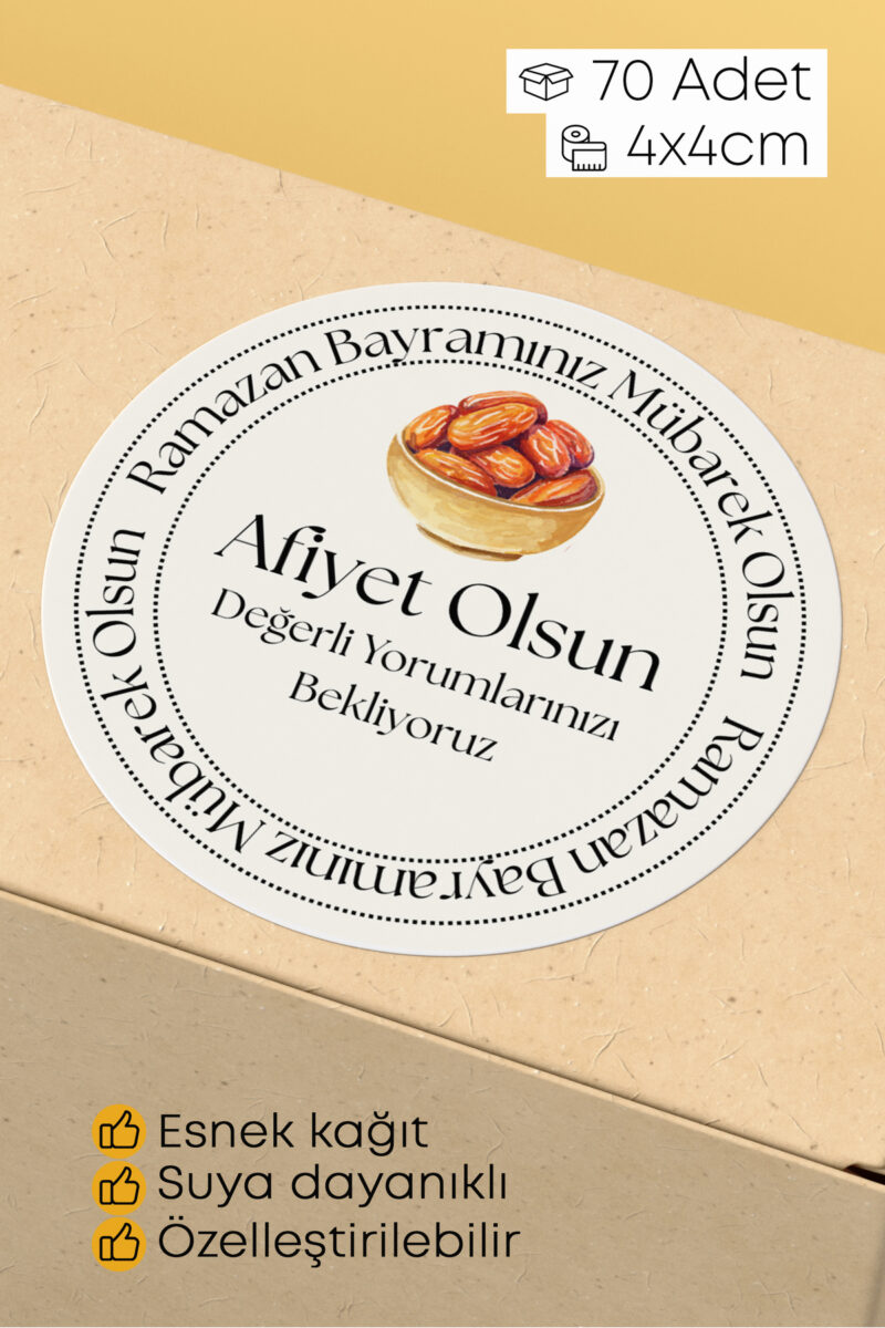 Ramazan Bayramı Temalı Paketleme Etiketi - 70 Adet 4x4cm Yuvarlak Su Geçirmez Ambalaj Stickerı