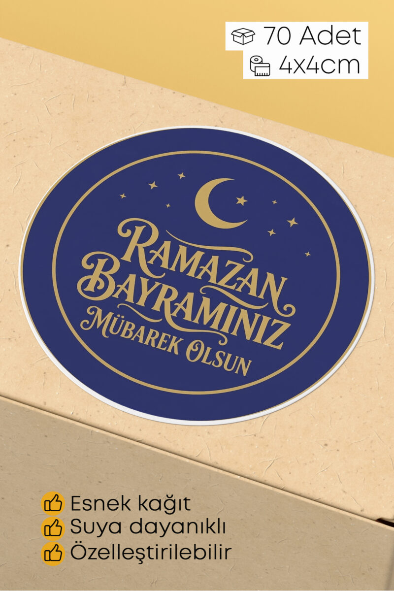 Ramazan Bayramı Temalı Paketleme Etiketi - 70 Adet 4x4cm Yuvarlak Su Geçirmez Ambalaj Stickerı