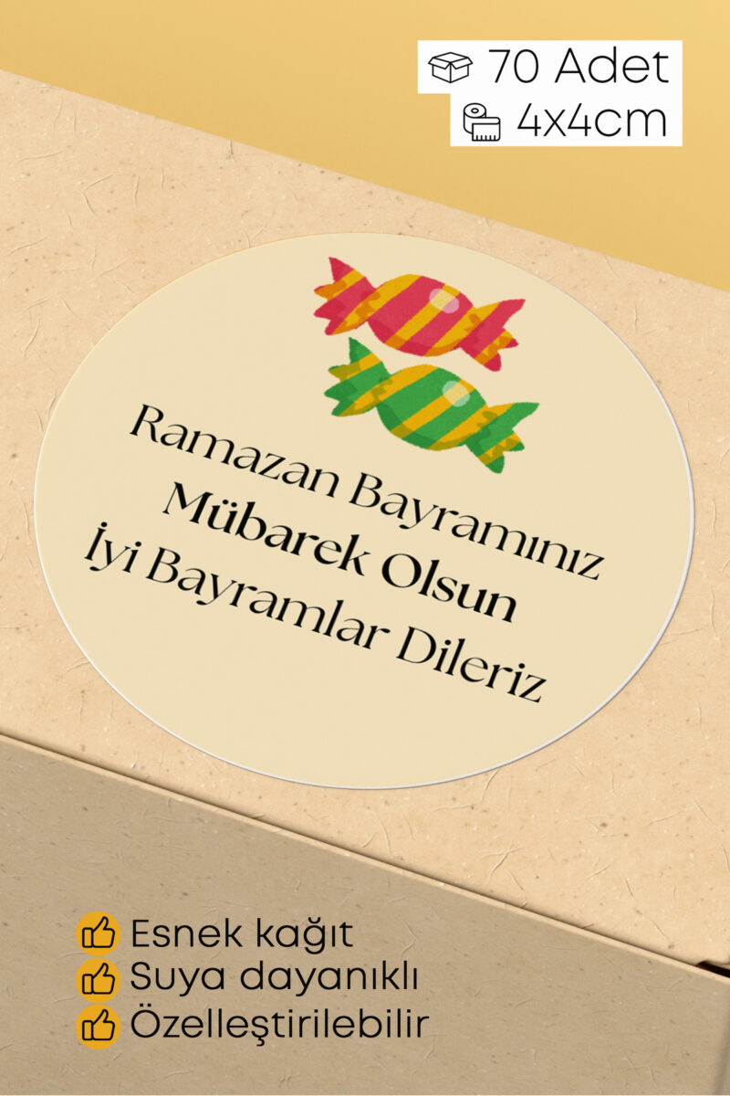 Ramazan Bayramı Temalı Paketleme Etiketi - 70 Adet 4x4cm Yuvarlak Su Geçirmez Ambalaj Stickerı