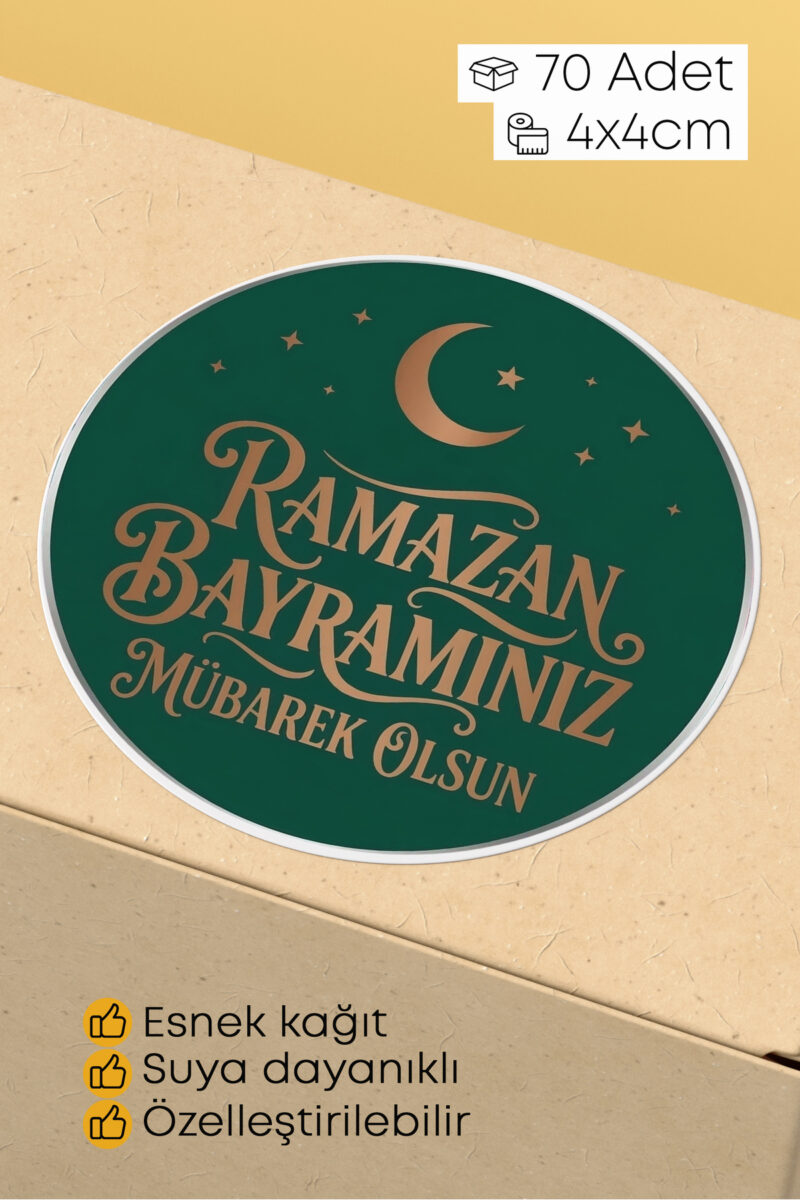 Ramazan Bayramı Temalı Paketleme Etiketi - 70 Adet 4x4cm Yuvarlak Su Geçirmez Ambalaj Stickerı