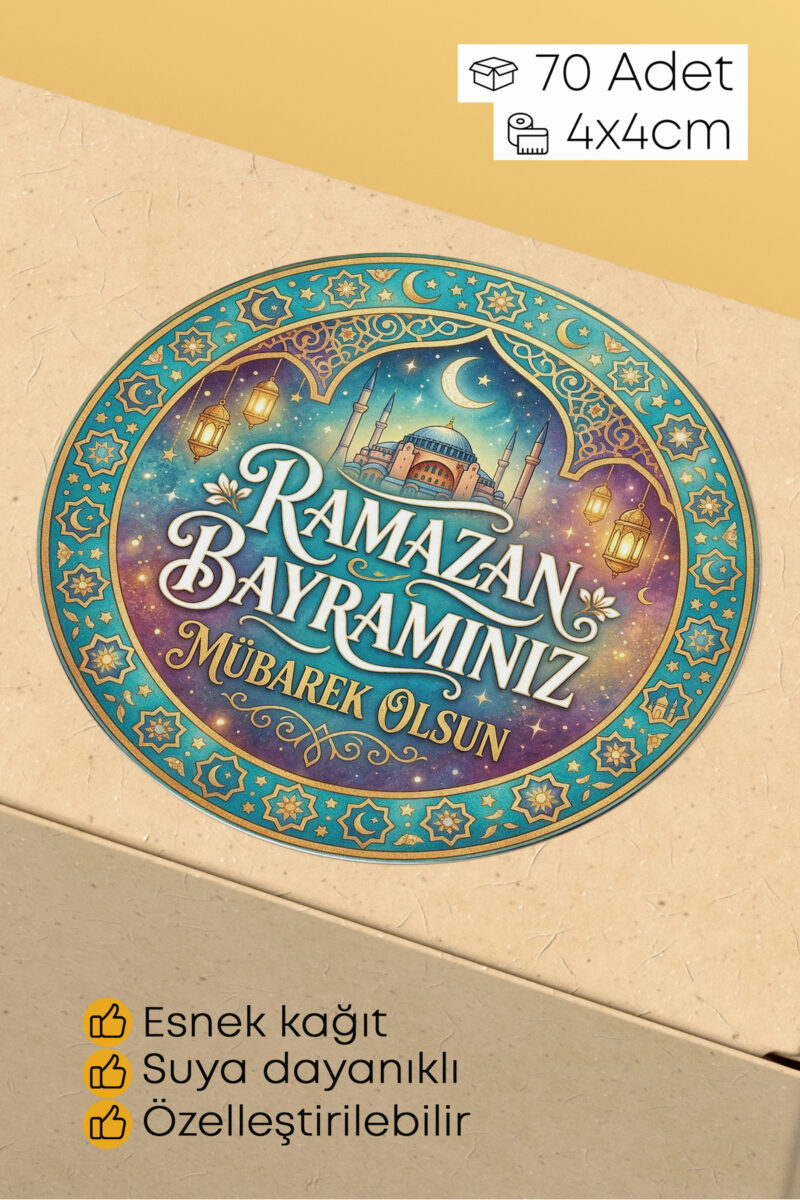 Ramazan Bayramı Temalı Paketleme Etiketi - 70 Adet 4x4cm Yuvarlak Su Geçirmez Ambalaj Stickerı