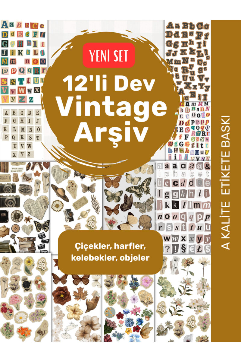 12'li Vintage Sticker Etiket Seti 2 - Planner Ajanda Telefon Tablet Laptop Bullet Journal Etiket