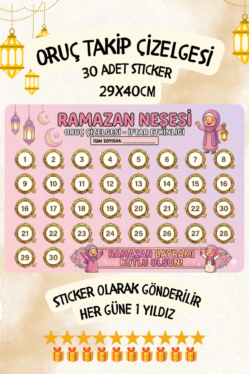 Çocuklar İçin Oruç Takip Çizelgesi/Panosu Sticker Oruç Takvimi 29x40cm
