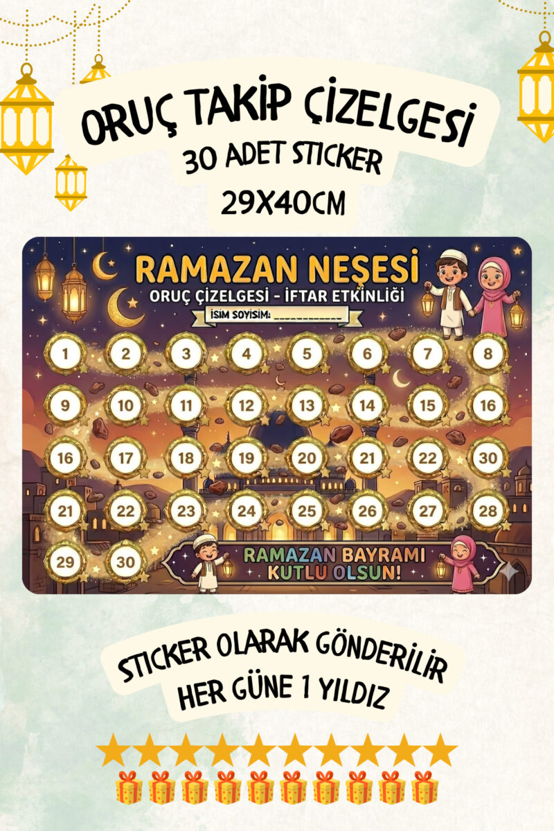 Çocuklar İçin Oruç Takip Çizelgesi/Panosu Sticker Oruç Takvimi 29x40cm
