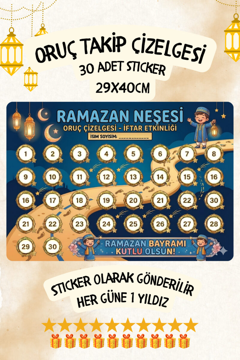 Çocuklar İçin Oruç Takip Çizelgesi/Panosu Sticker Oruç Takvimi 29x40cm
