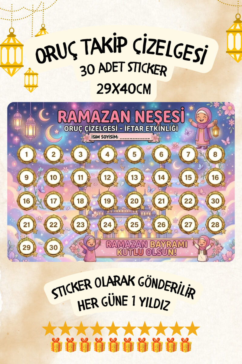 Çocuklar İçin Oruç Takip Çizelgesi/Panosu Sticker Oruç Takvimi 29x40cm