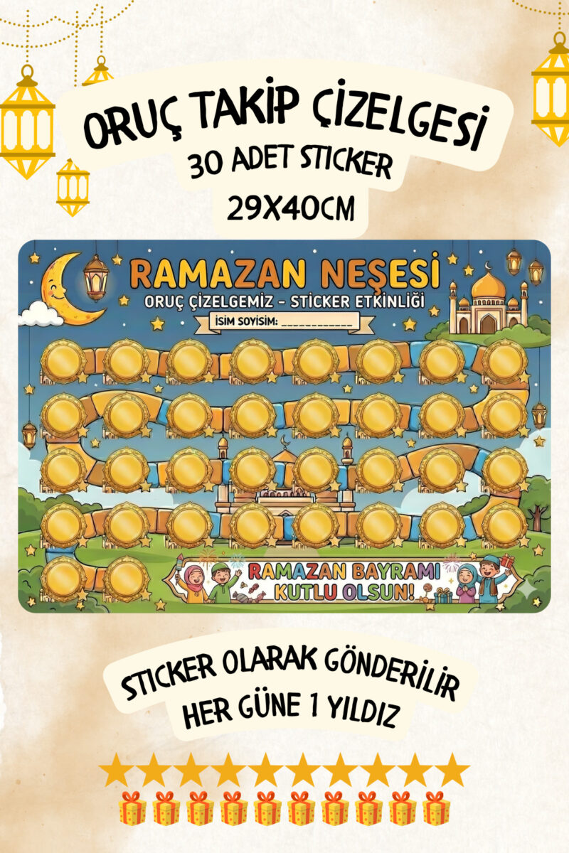 Çocuklar İçin Oruç Takip Çizelgesi/Panosu Sticker Oruç Takvimi 29x40cm