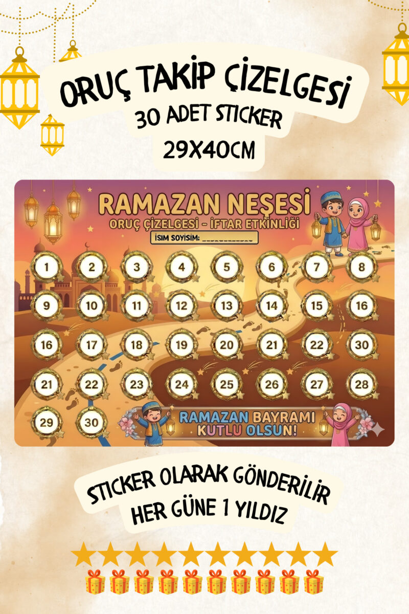 Çocuklar İçin Oruç Takip Çizelgesi/Panosu Sticker Oruç Takvimi 29x40cm