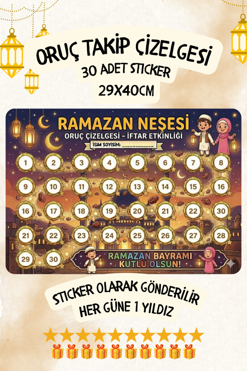 Çocuklar İçin Oruç Takip Çizelgesi/Panosu Sticker Oruç Takvimi 29x40cm