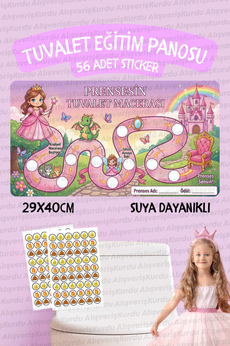 Çocuklar İçin Eğitici ve Eğlenceli Prenses Tuvalet Eğitimi Sticker Panosu 29x40cm