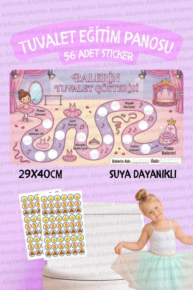 Çocuklar İçin Eğitici ve Eğlenceli Balerin Tuvalet Eğitimi Sticker Panosu 29x40cm