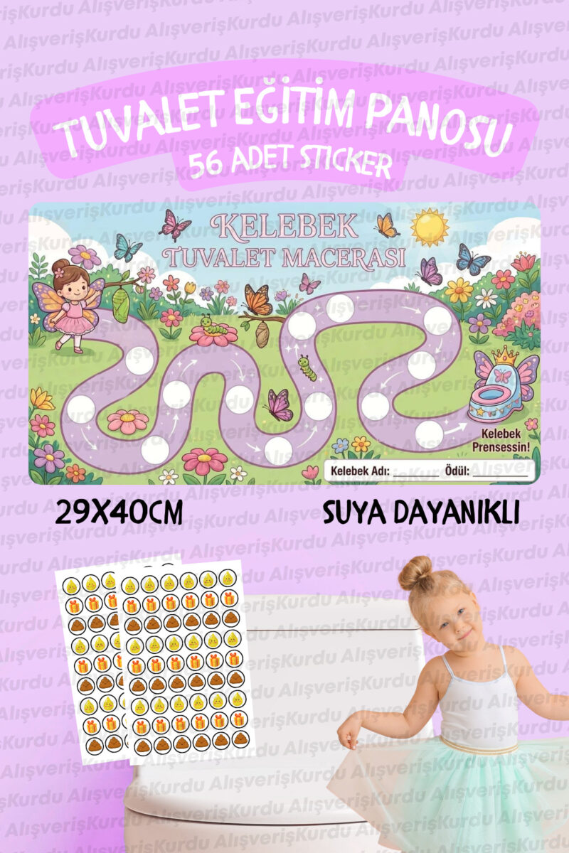 Çocuklar İçin Eğitici ve Eğlenceli Kelebek Macerası Tuvalet Eğitimi Sticker Panosu 29x40cm