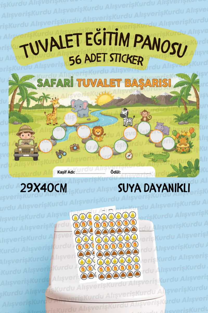 Çocuklar İçin Eğitici ve Eğlenceli Safari Tuvalet Eğitimi Sticker Panosu 29x40cm