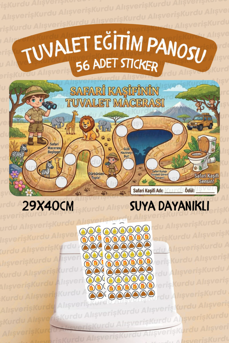 Çocuklar İçin Eğitici ve Eğlenceli Safari Kaşifi Tuvalet Eğitimi Sticker Panosu 29x40cm