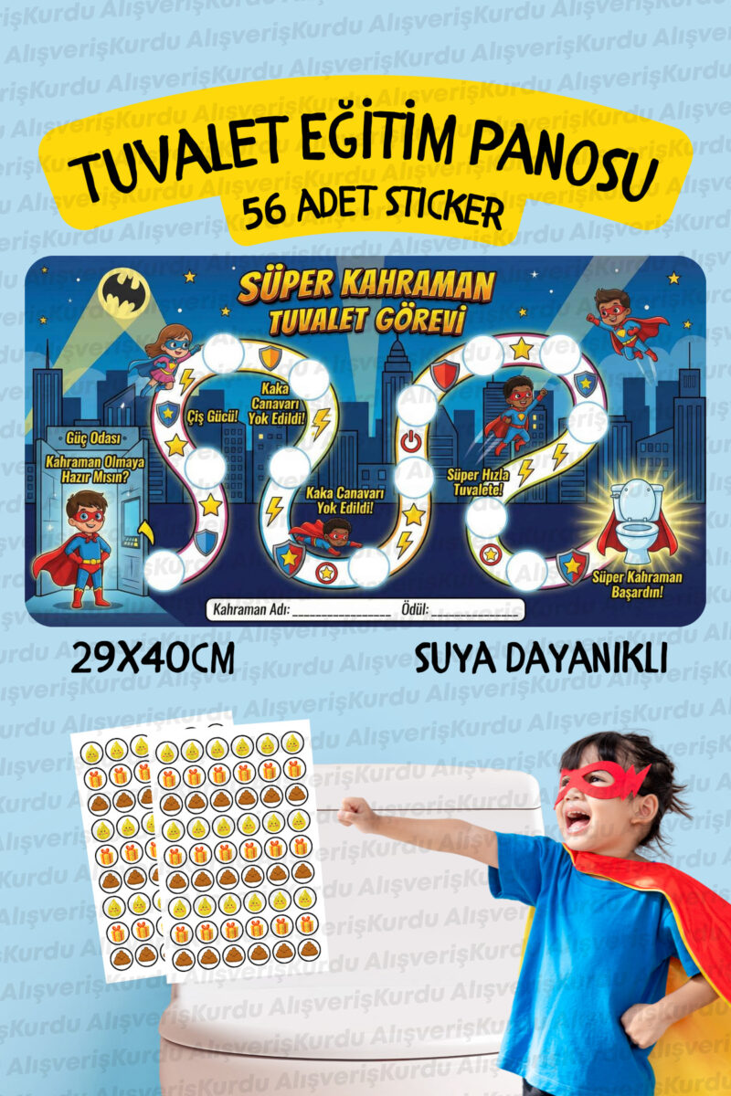 Çocuklar İçin Eğitici ve Eğlenceli Süper Kahraman Tuvalet Eğitimi Sticker Panosu 29x40cm