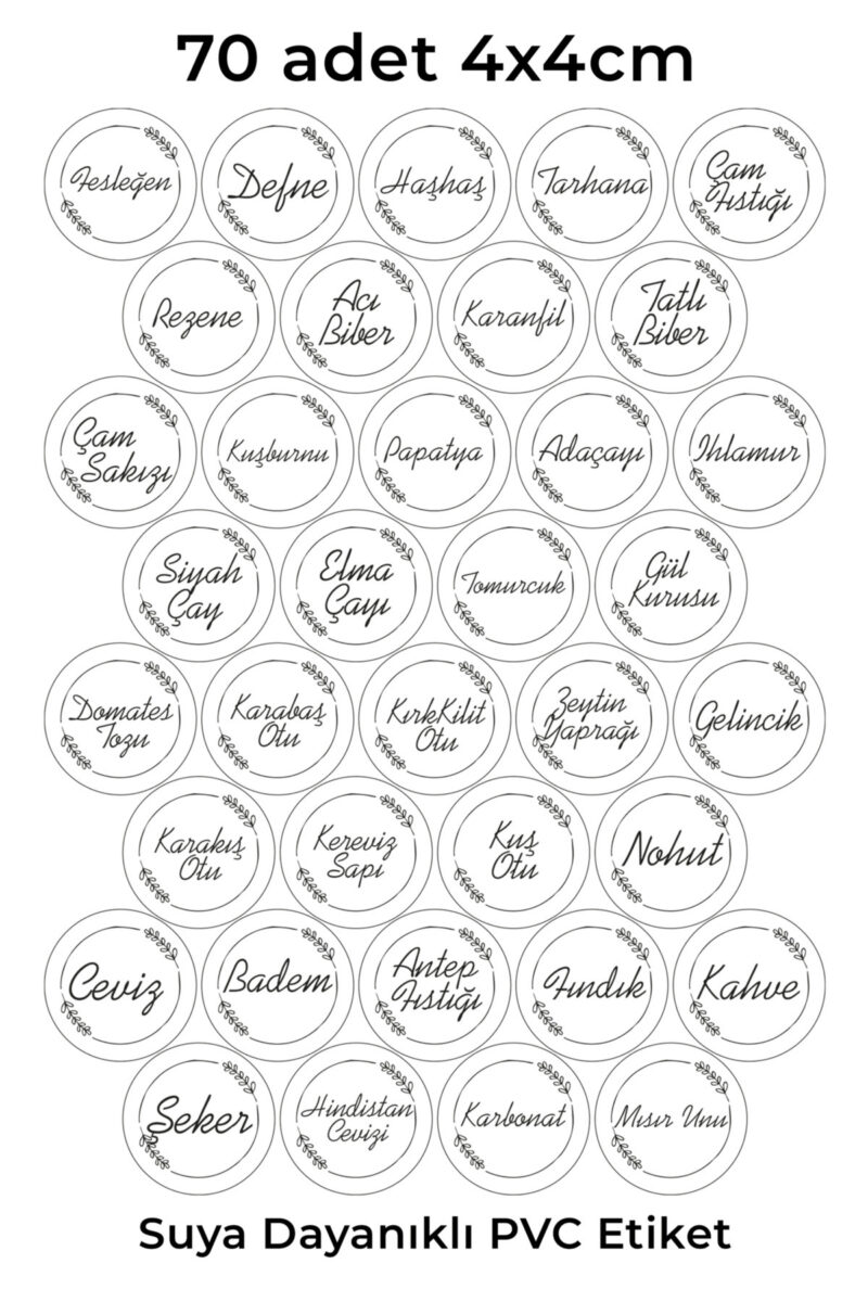 70 Adet Beyaz Baskılı Baharat Bakliyat Kuruyemiş Kavanoz Etiketi Sticker