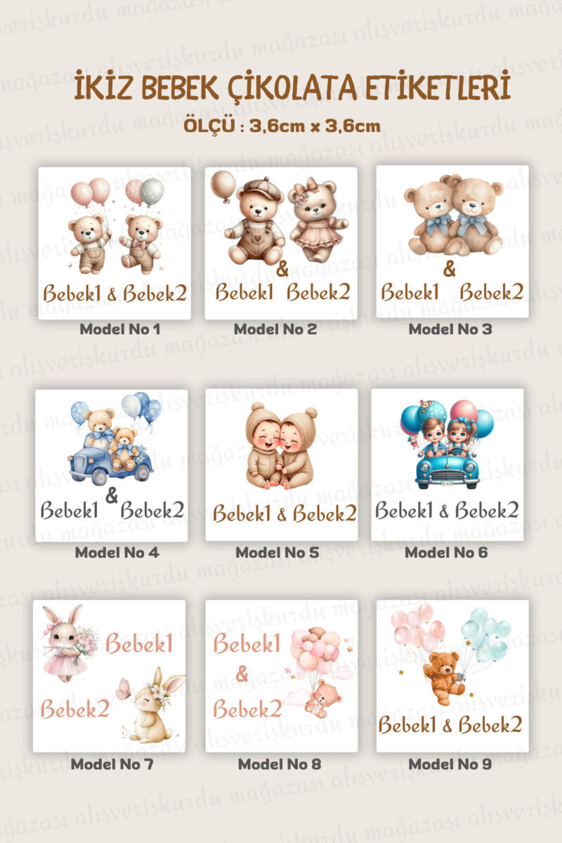 İkiz Bebek Çikolata Etiketi - Doğum Günü Mevlüt Çikolata Etiketi Sticker 3,6x3,6cm Kare 100 Adet