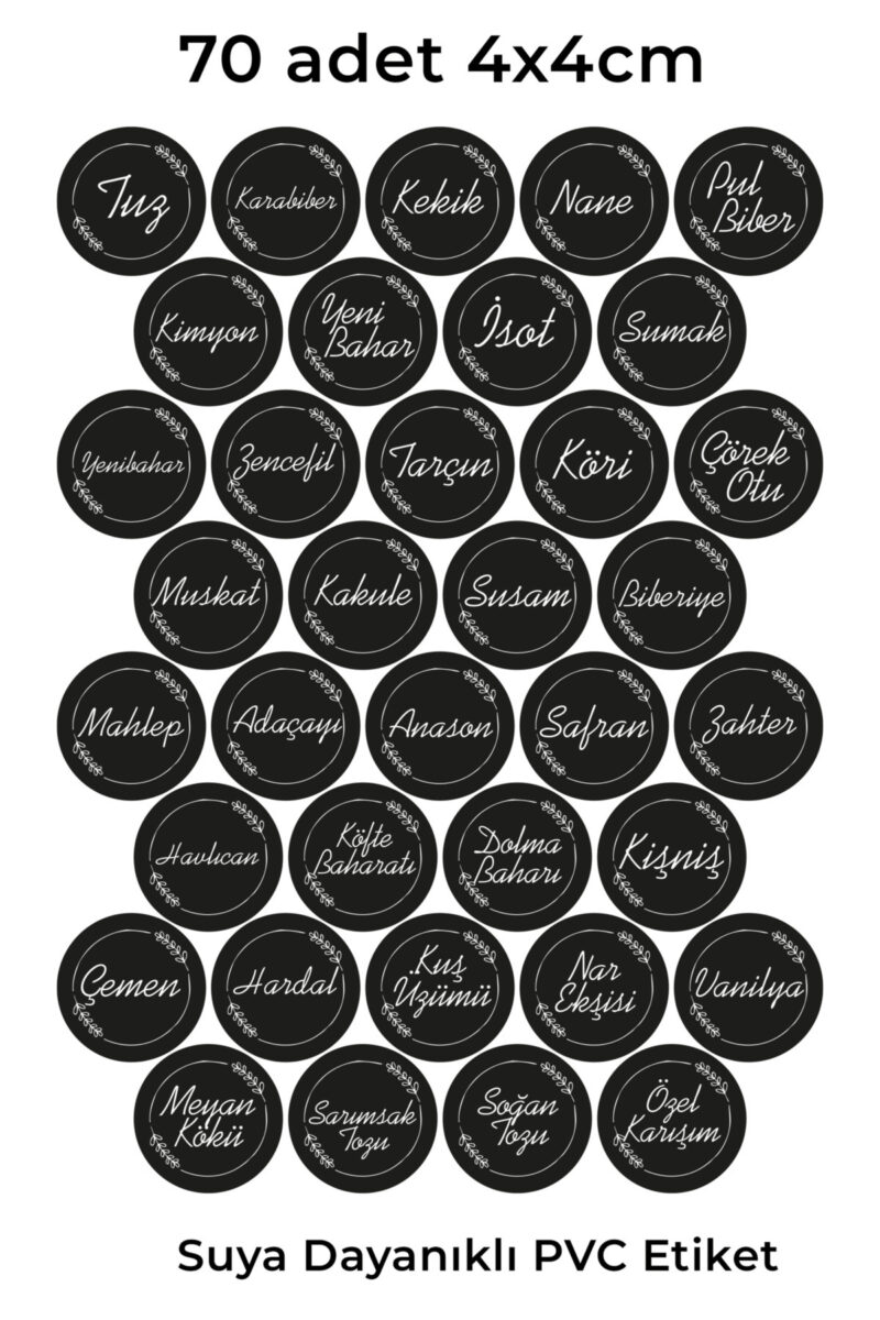 70 Adet Siyah Baskılı Baharat Bakliyat Kuruyemiş Kavanoz Etiketi Sticker