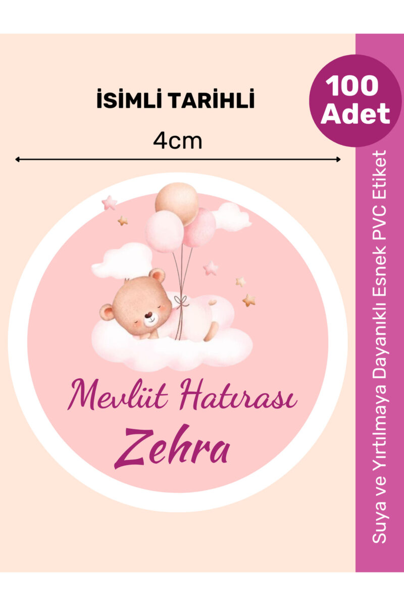 İsimli Bebek Etiketi Sticker- Mevlüt Doğum günü Etiketi 4x4 cm 100 Adet - Kız Pembe