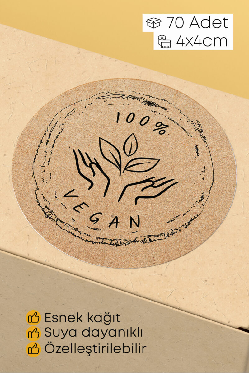 %100 Vegan Yazılı Kraft Desenli Sticker Paketleme Kargo Ambalaj Etiketi - 4x4cm 70 Adet Yuvarlak