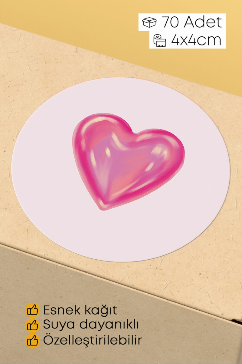 Pembe Kalp İkonlu Sticker Paketleme Kargo Ambalaj Etiketi - 4x4cm 70 Adet Yuvarlak