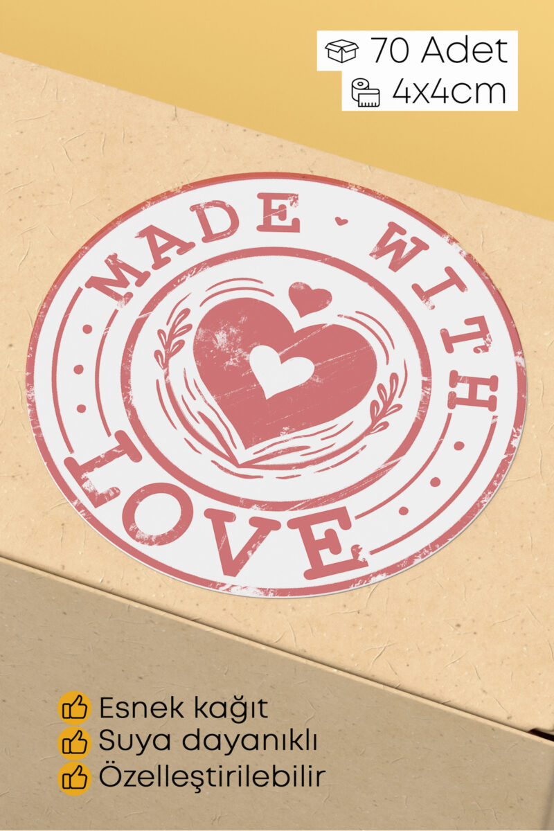 Made With Love Yazılı Sticker Paketleme Kargo Ambalaj Etiketi - 4x4cm 70 Adet Yuvarlak
