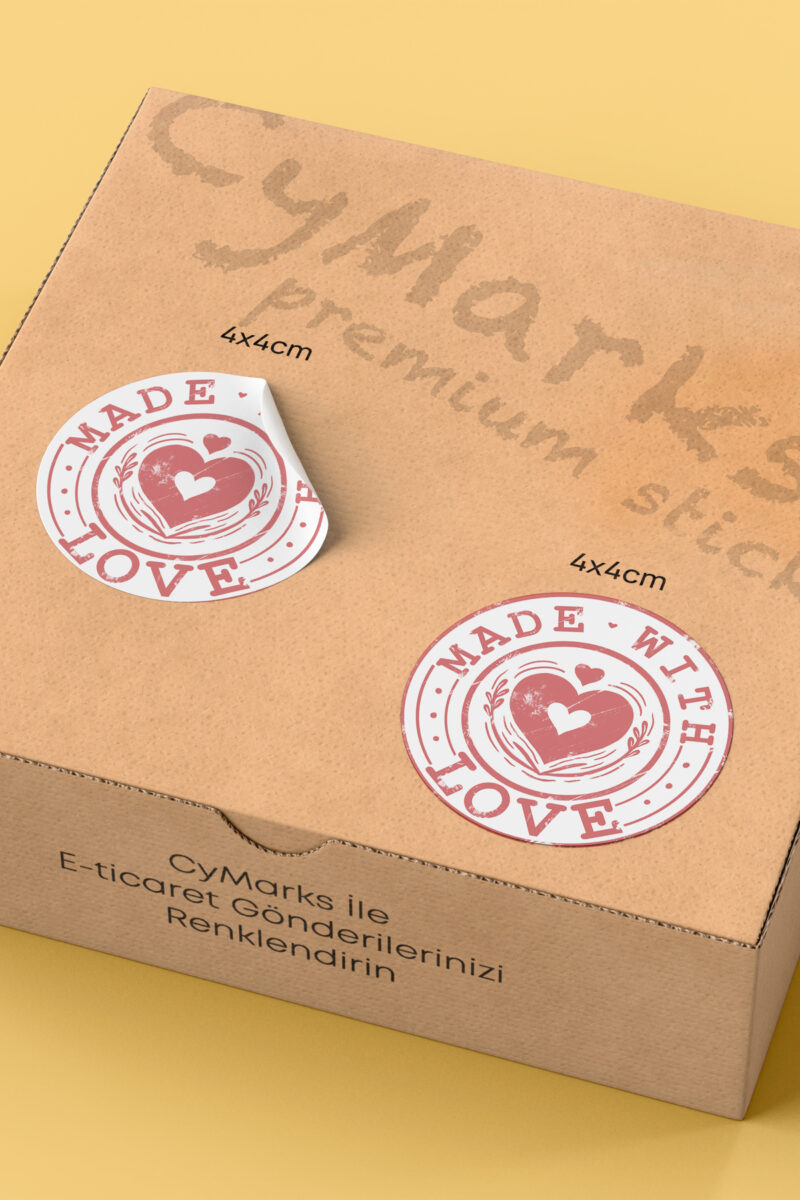 Alternative view of Made With Love Yazılı Sticker Paketleme Kargo Ambalaj Etiketi - 4x4cm 70 Adet Yuvarlak