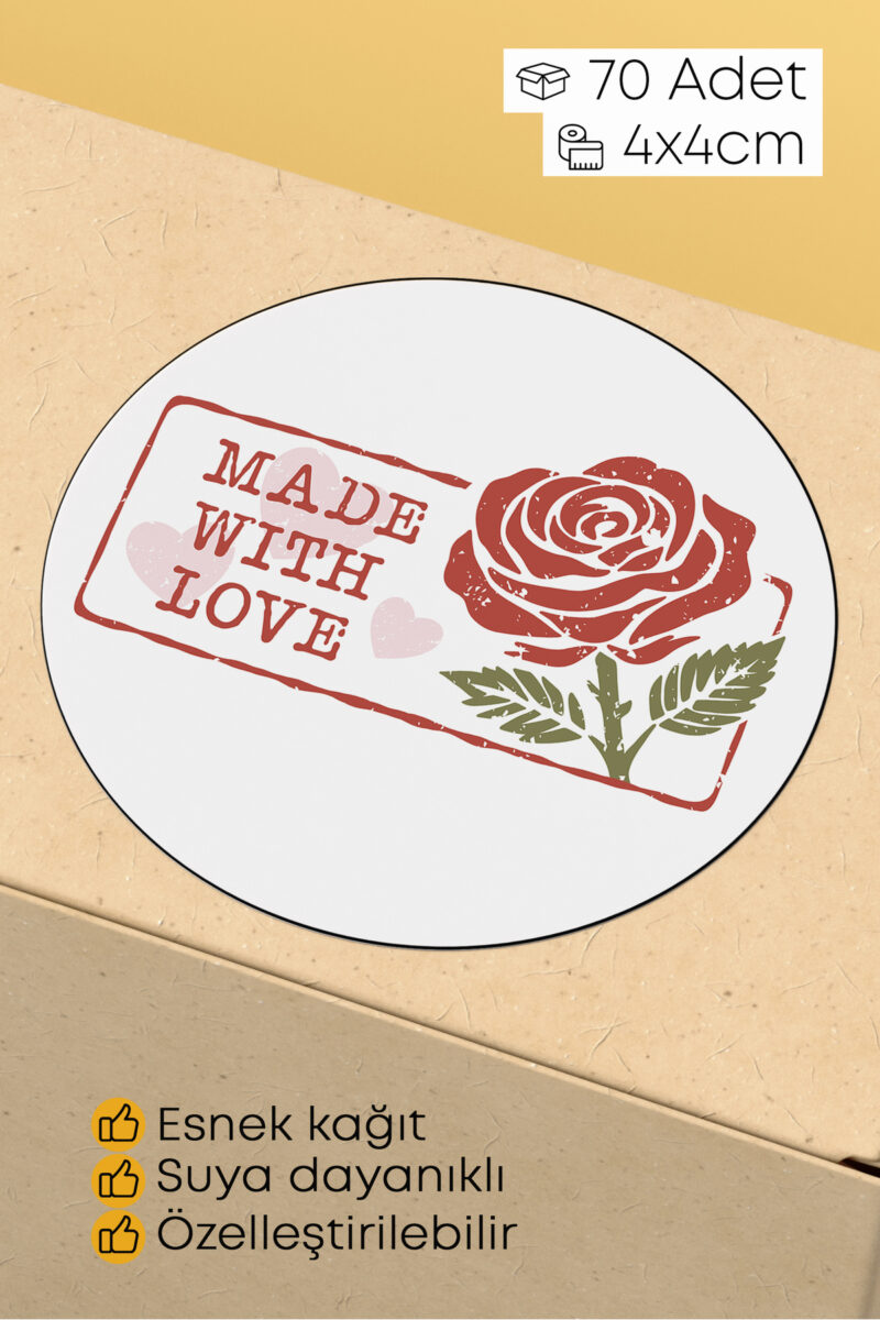 Made With Love Yazılı Sticker Paketleme Kargo Ambalaj Etiketi - 4x4cm 70 Adet Yuvarlak