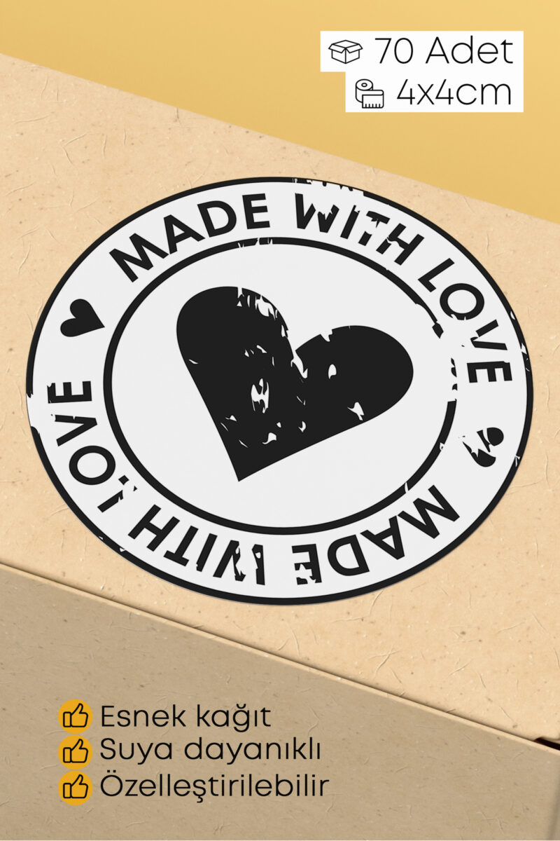 Made With Love Yazılı Sticker Paketleme Kargo Ambalaj Etiketi - 4x4cm 70 Adet Yuvarlak