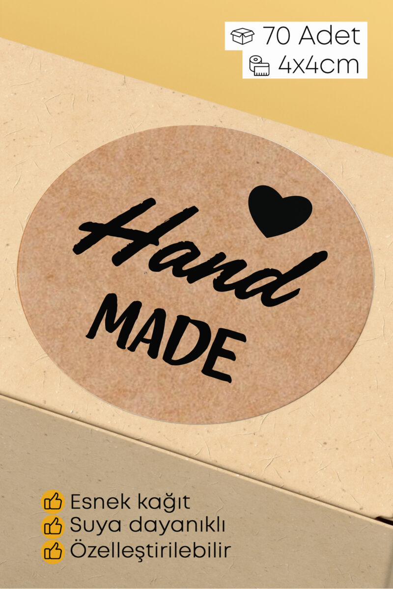 Hand Made - With Love Yazılı Sticker Paketleme Kargo Ambalaj Etiketi - 4x4cm 70 Adet Yuvarlak