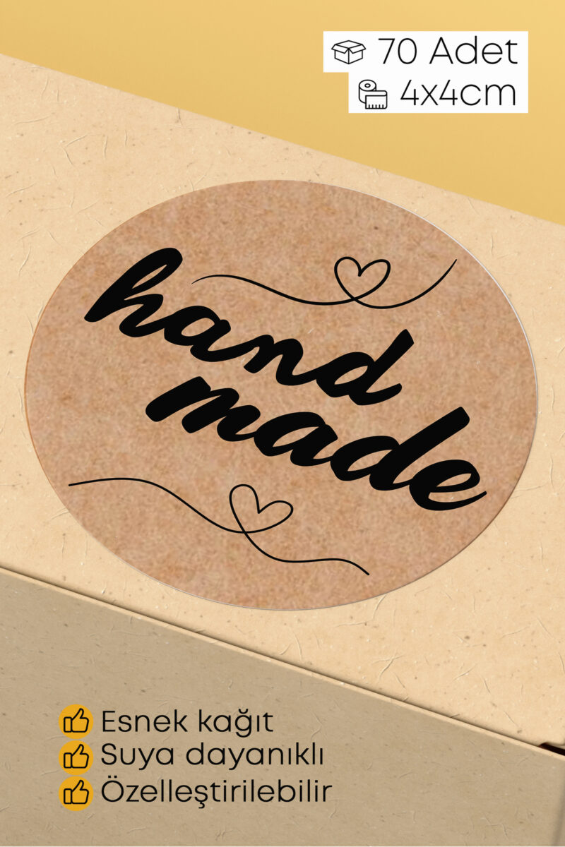 Hand Made - With Love Yazılı Sticker Paketleme Kargo Ambalaj Etiketi - 4x4cm 70 Adet Yuvarlak