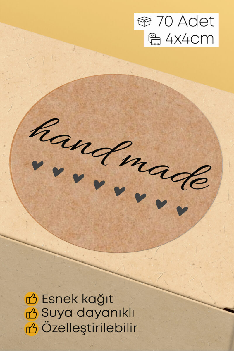 Hand Made - With Love Yazılı Sticker Paketleme Kargo Ambalaj Etiketi - 4x4cm 70 Adet Yuvarlak