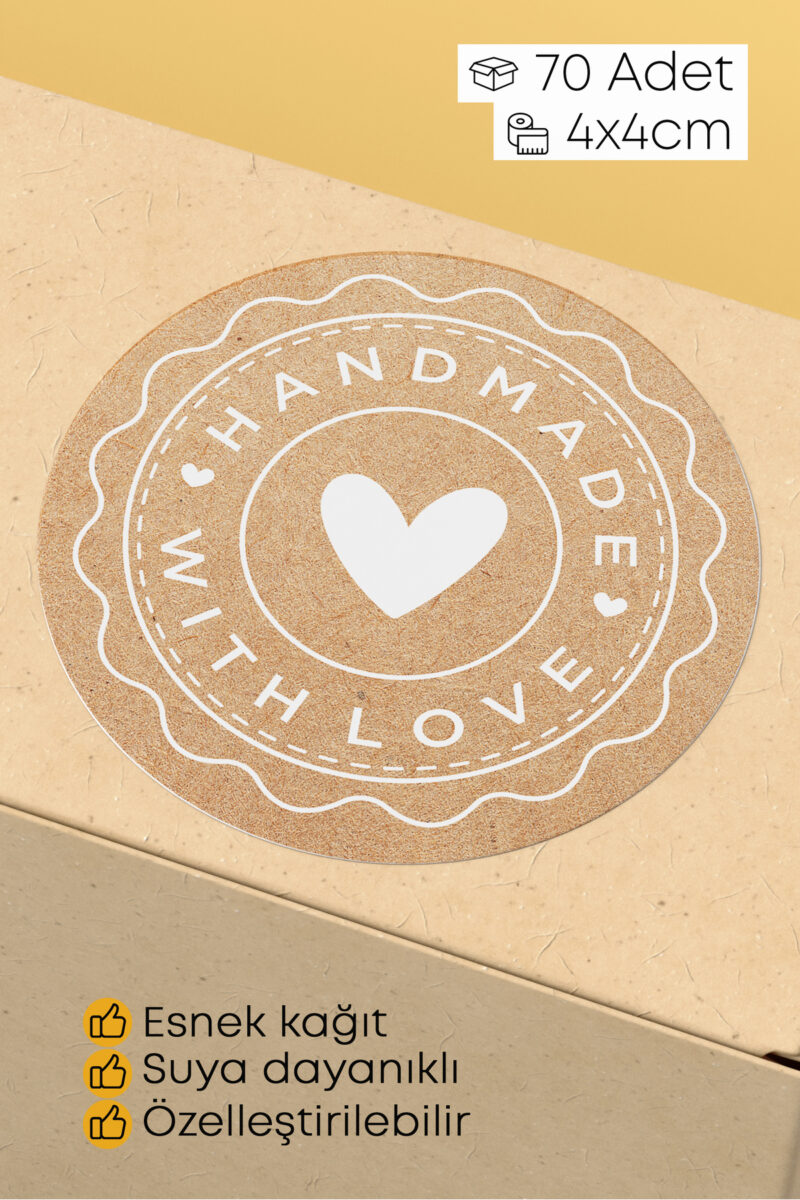 Hand Made - With Love Yazılı Sticker Paketleme Kargo Ambalaj Etiketi - 4x4cm 70 Adet Yuvarlak