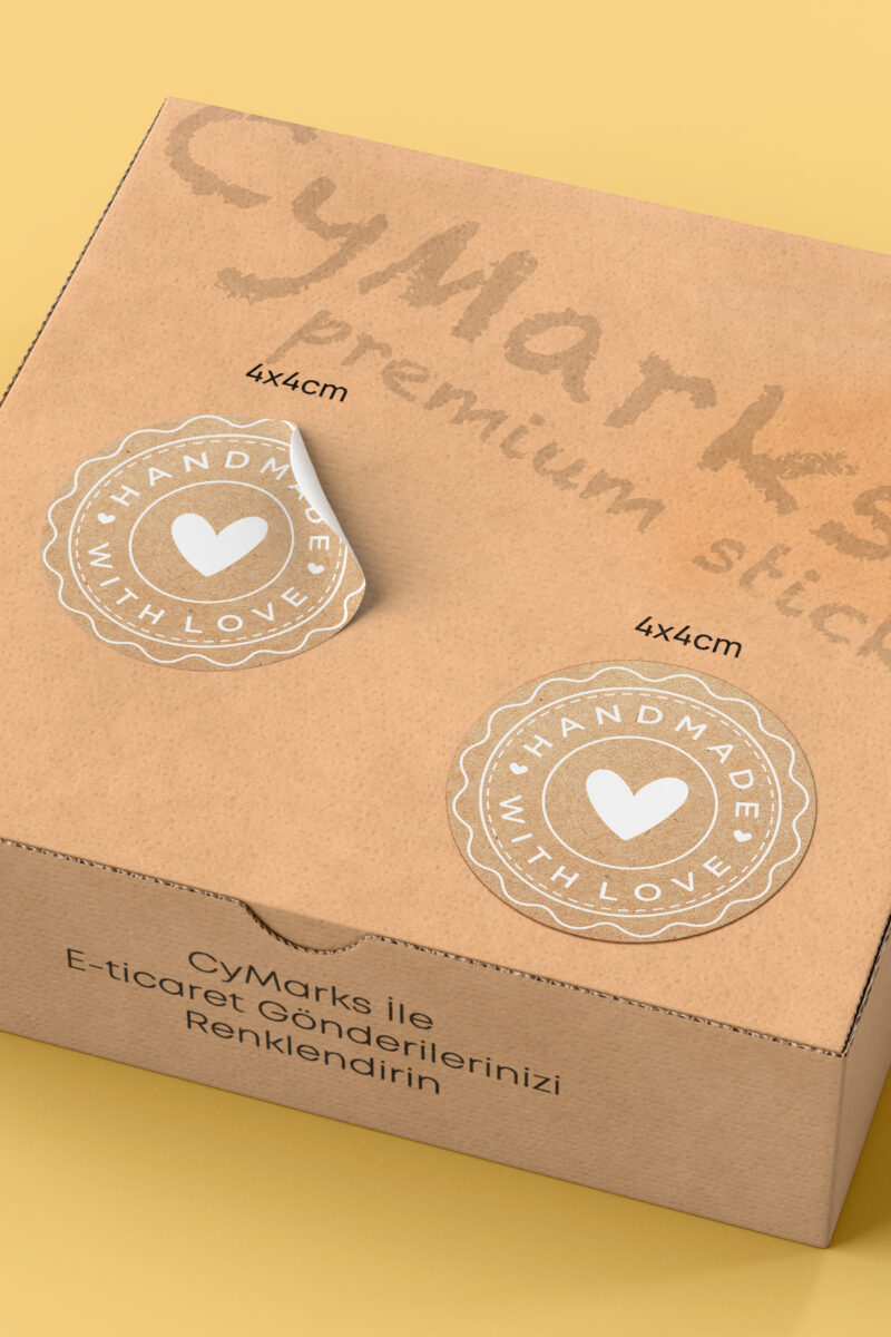 Alternative view of Hand Made - With Love Yazılı Sticker Paketleme Kargo Ambalaj Etiketi - 4x4cm 70 Adet Yuvarlak