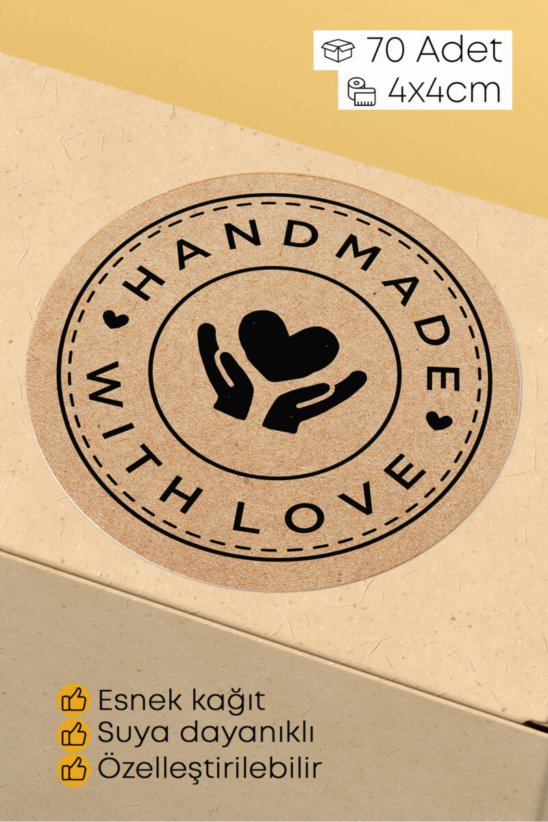 Hand Made - With Love Yazılı Sticker Paketleme Kargo Ambalaj Etiketi - 4x4cm 70 Adet Yuvarlak