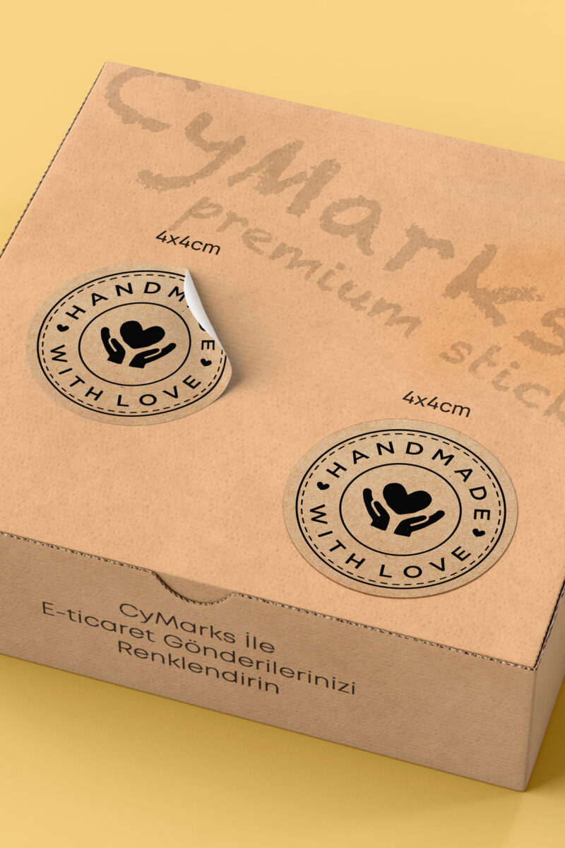 Alternative view of Hand Made - With Love Yazılı Sticker Paketleme Kargo Ambalaj Etiketi - 4x4cm 70 Adet Yuvarlak