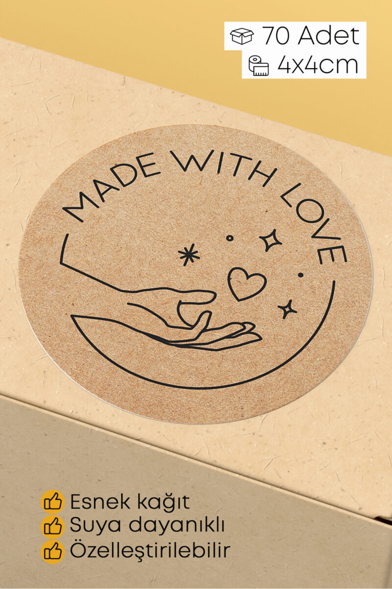 Made With Love Yazılı Sticker Paketleme Kargo Ambalaj Etiketi - 4x4cm 70 Adet (yuvarlak)