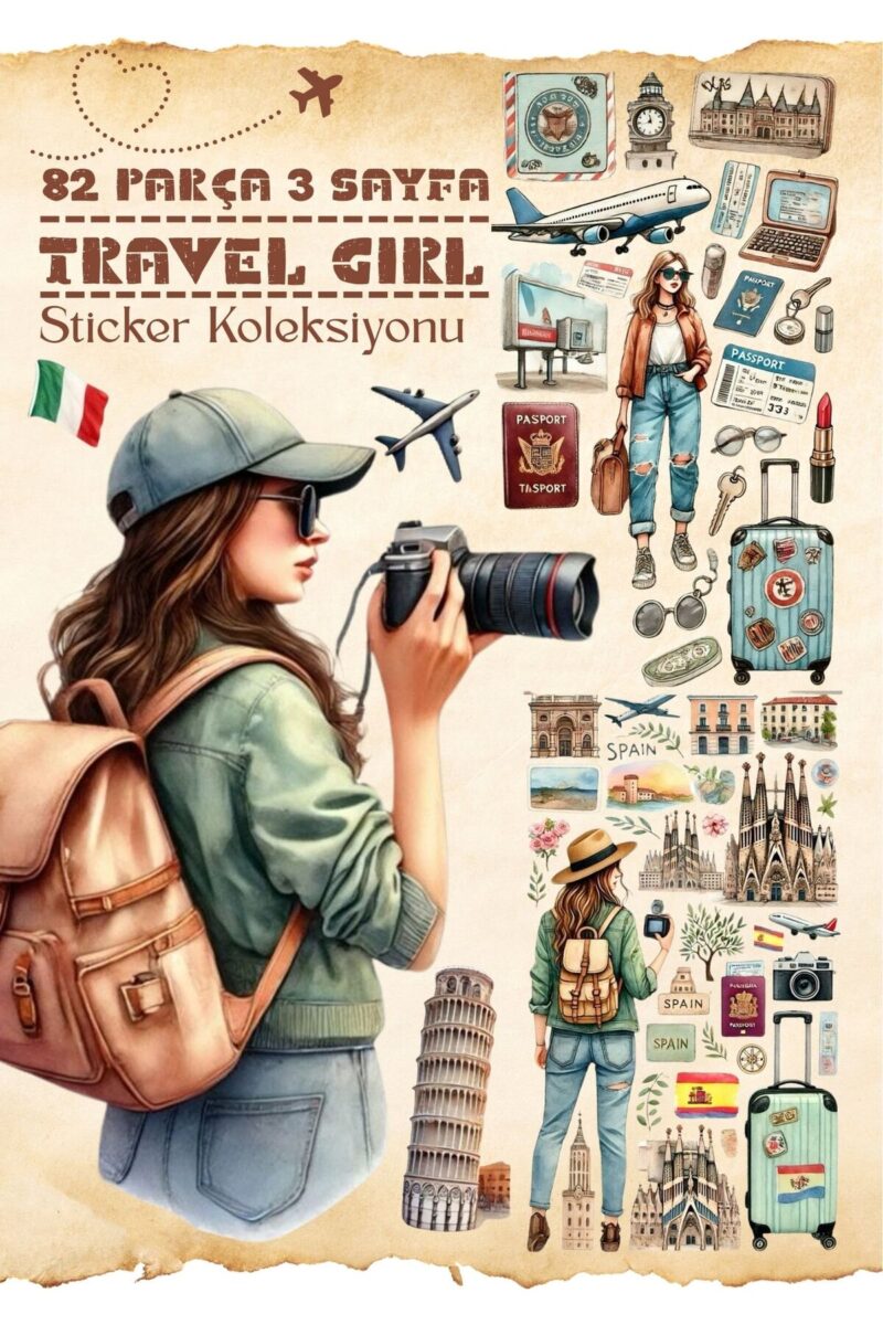 Travel Girl Sticker Seti 82 Parça - Planner Ajanda Scrapbook Bullet Journal Sticker Etiket Seti