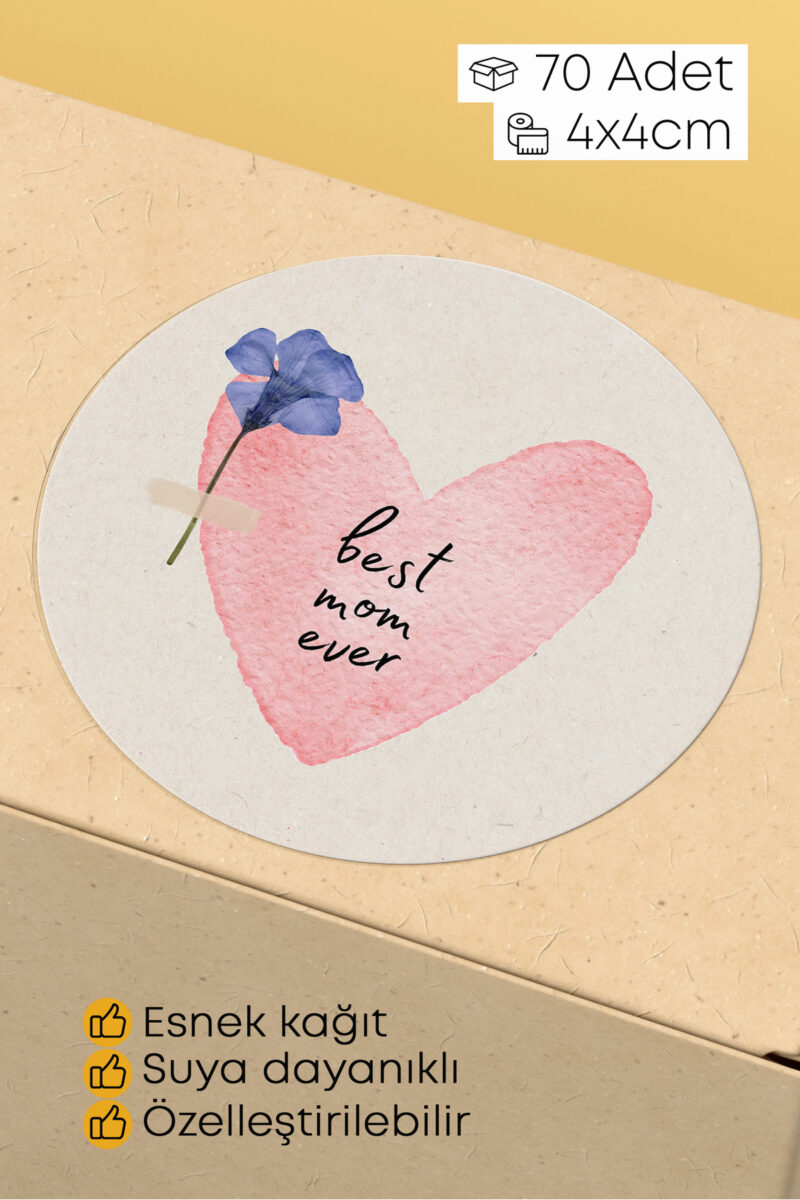 Best Mom Ever Temalı Sticker Paketleme Kargo Ambalaj Etiketi - 4x4cm 70 Adet