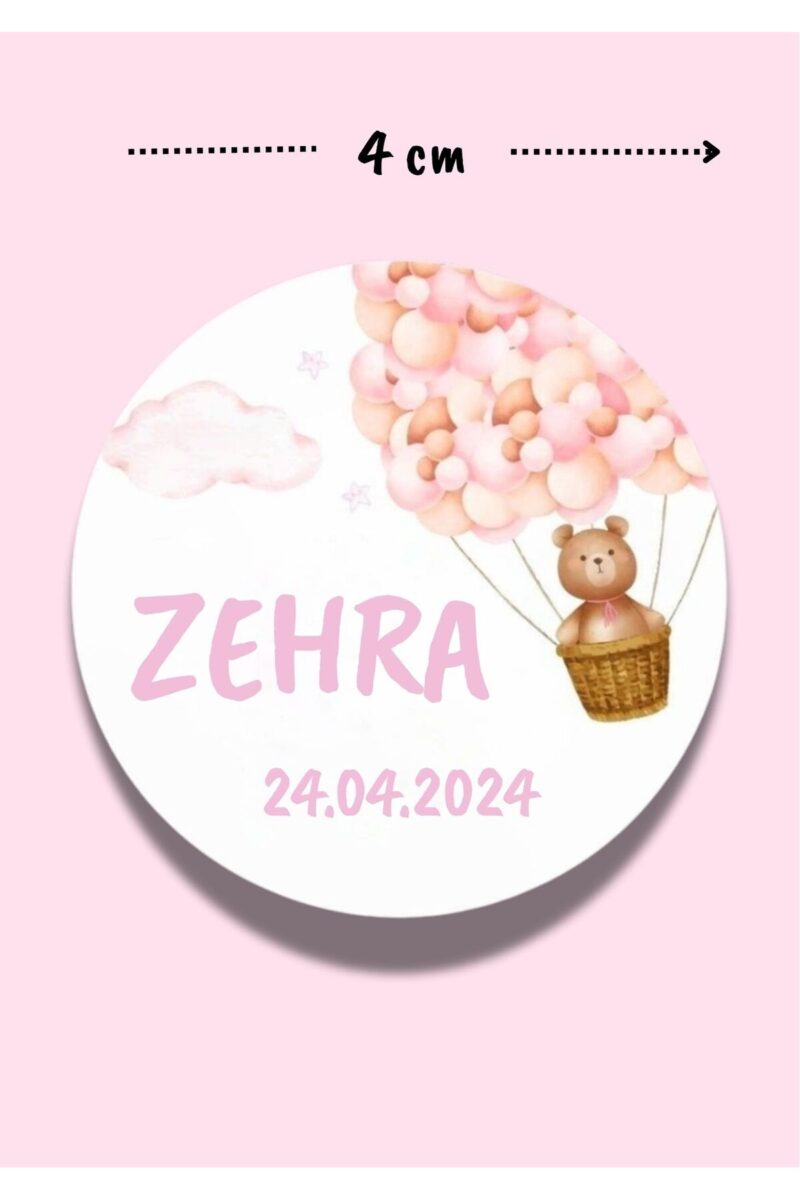 İsimli Bebek Etiketi Sticker- Mevlüt Doğum Günü Etiketi 4x4 cm 100 Adet - Kız Pembe Balonlu Ayıcık