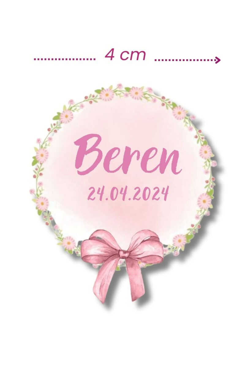 İsimli Bebek Etiketi Sticker- Mevlüt Doğum Günü Etiketi 4x4 cm 100 Adet - Kız Pembe Kurdele Temalı